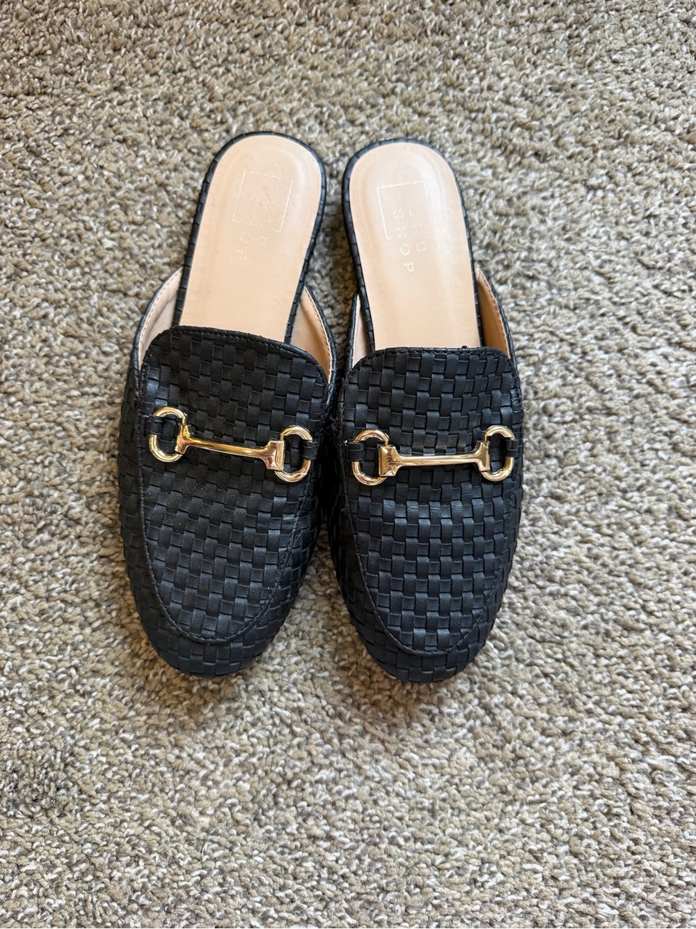ShuShop Black Woven Mule Loafers with Gold Bit